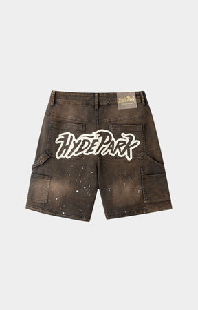 hyde park after work wear Cotton twill fabric texture shorts with paint splatter and hyde park printed at back detail black shorts