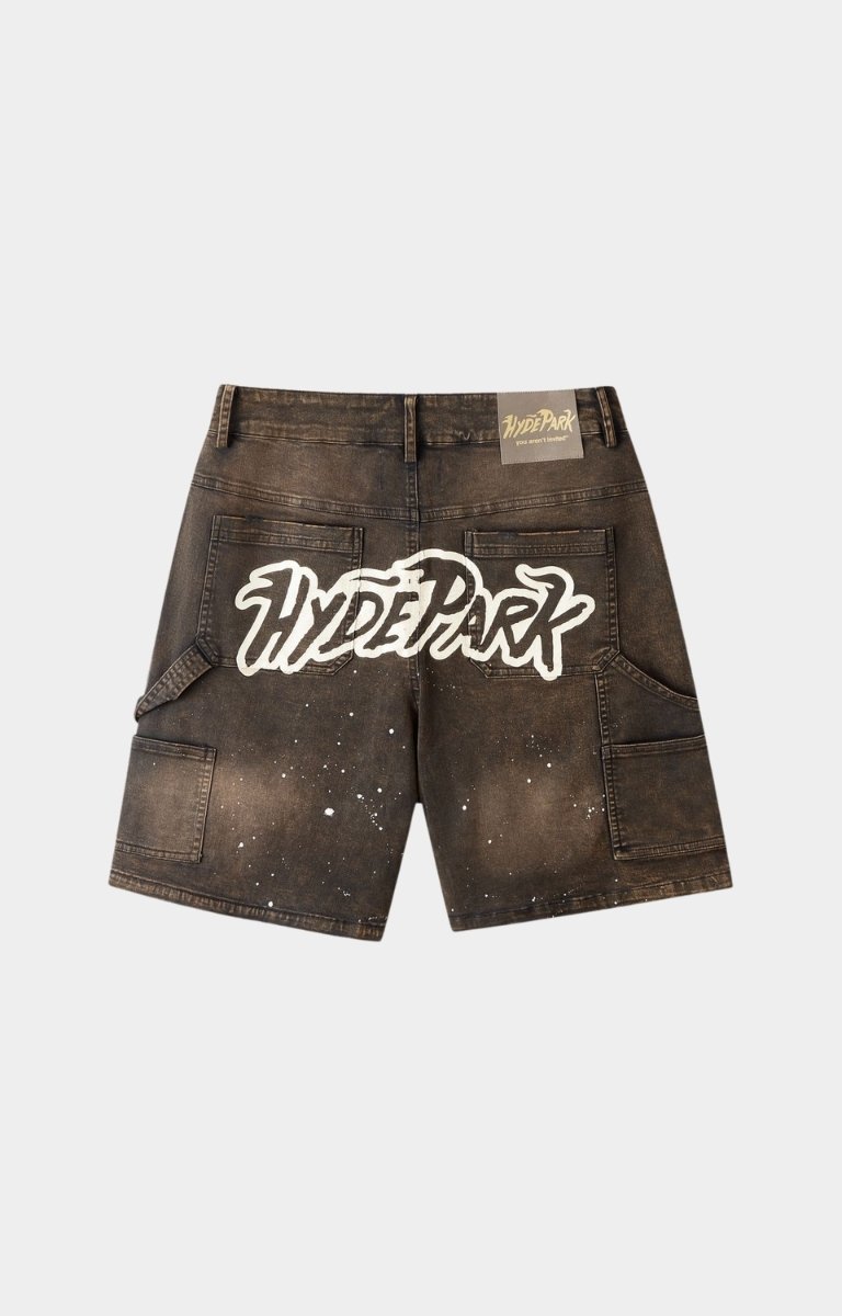 hyde park after work wear Cotton twill fabric texture shorts with paint splatter and hyde park printed at back detail black shorts