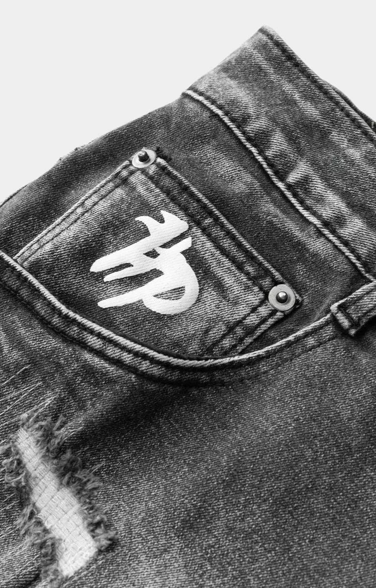 Close-up detail of Hyde Park Double Denim shorts in black