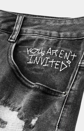 Black distressed denim shorts by Hyde Park with vintage wash finish.