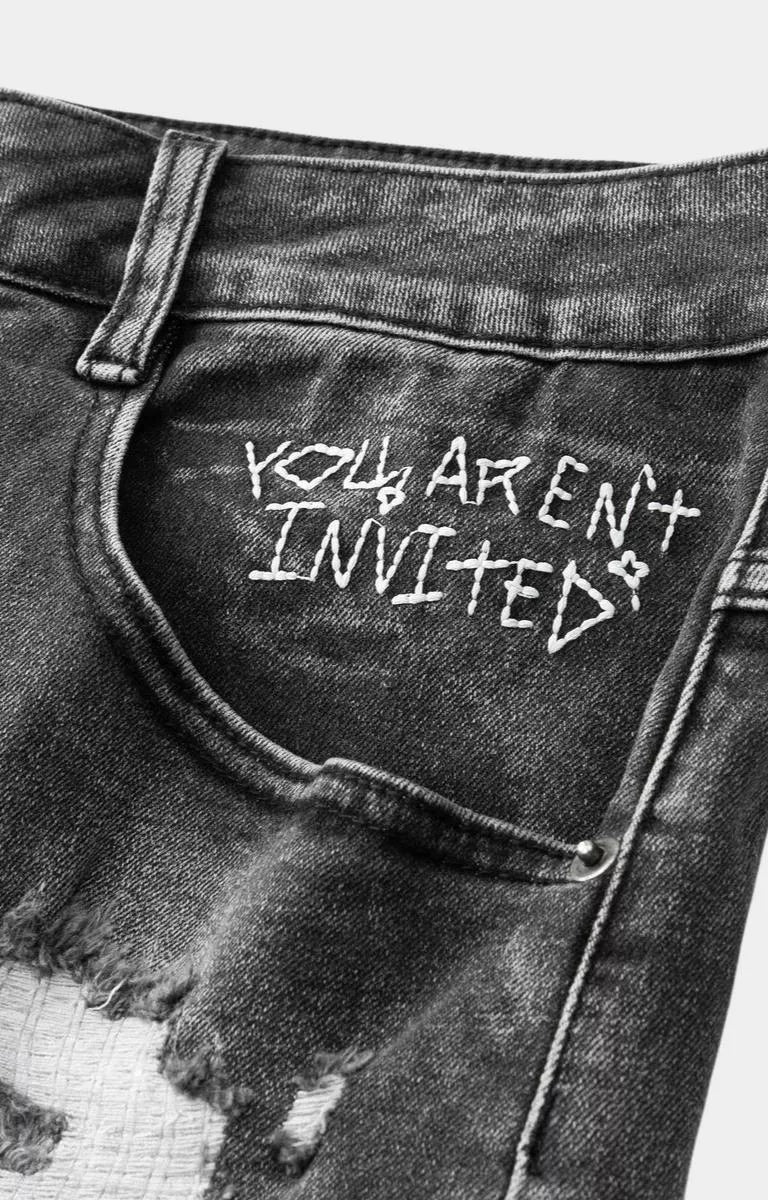 Black distressed denim shorts by Hyde Park with vintage wash finish.