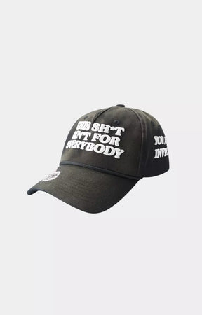 Angled view of Hyde Park black statement streetwear cap with typography graphics