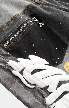 Hyde Park black denim jorts featuring utility zip pocket panels.