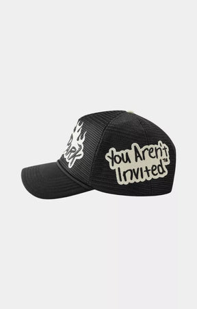 Side view of Hyde Park Nothing But Net black trucker hat.