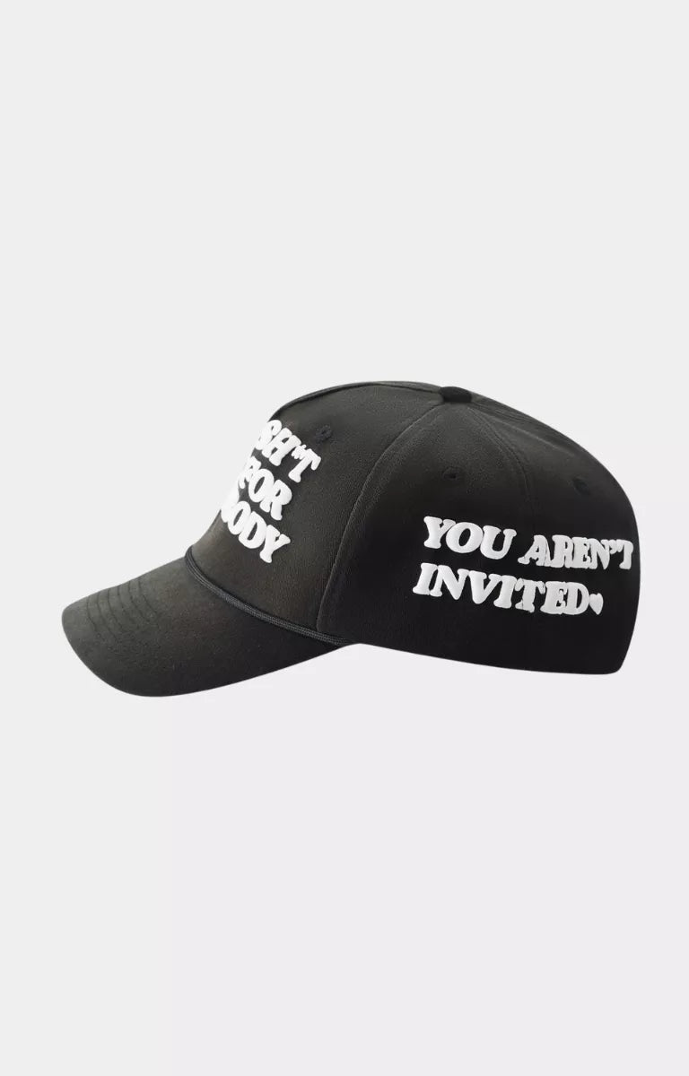 Side view of Hyde Park black typography streetwear cap with embroidered detailing.