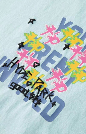 Blue Hyde Park oversized streetwear t shirt featuring layered graphic artwork.