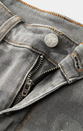 Front detail of Hyde Park camo and denim hybrid streetwear shorts.