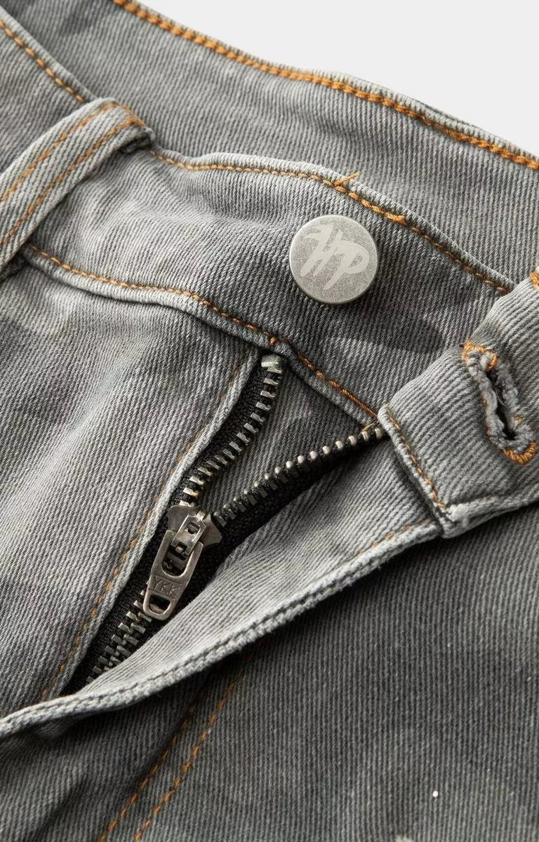 Front detail of Hyde Park camo and denim hybrid streetwear shorts.