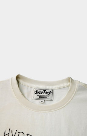 Ribbed and distressed Crew neck detail on Hyde Park cream Oversized t-shirt.