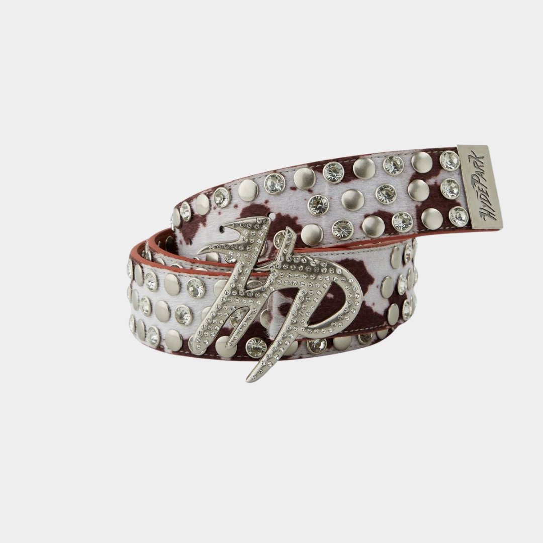 Hyde Park Cow Print HP Belt Cream Brown front view belt accessory.