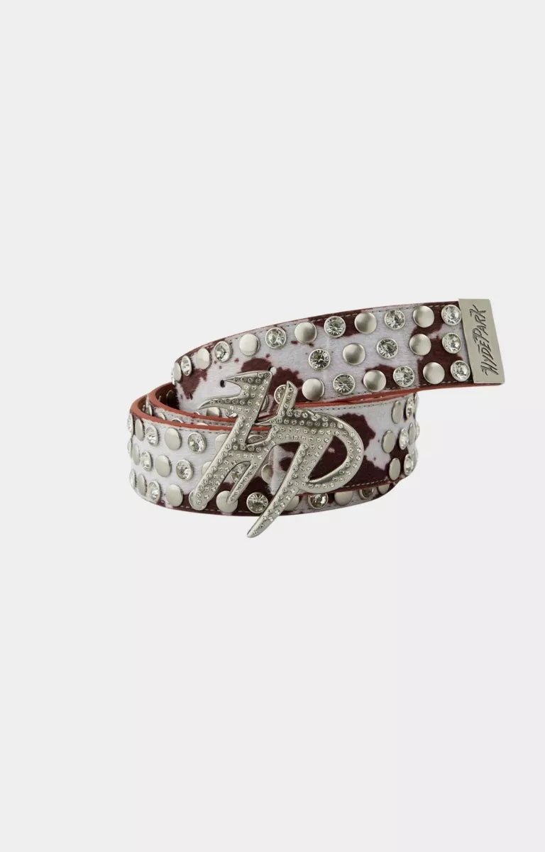 Hyde Park Cow Print HP Belt Cream Brown front view belt accessory.