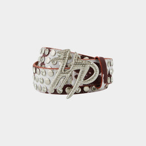 Hyde Park Cow print premium streetwear belt with metal logo available at high street brands co.
