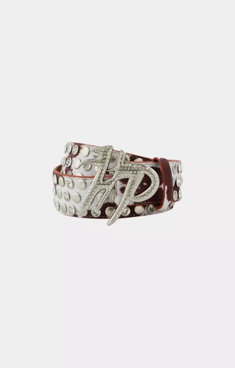 Hyde Park Cow print premium streetwear belt with metal logo available at high street brands co.
