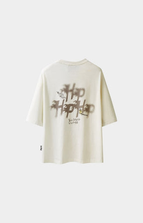 Hyde Park Get Off My Cloud Oversized T Shirt cream back view with graphic logo printed in soft fading. Distressed Hem and Crewneck for premium fashion casual look. 