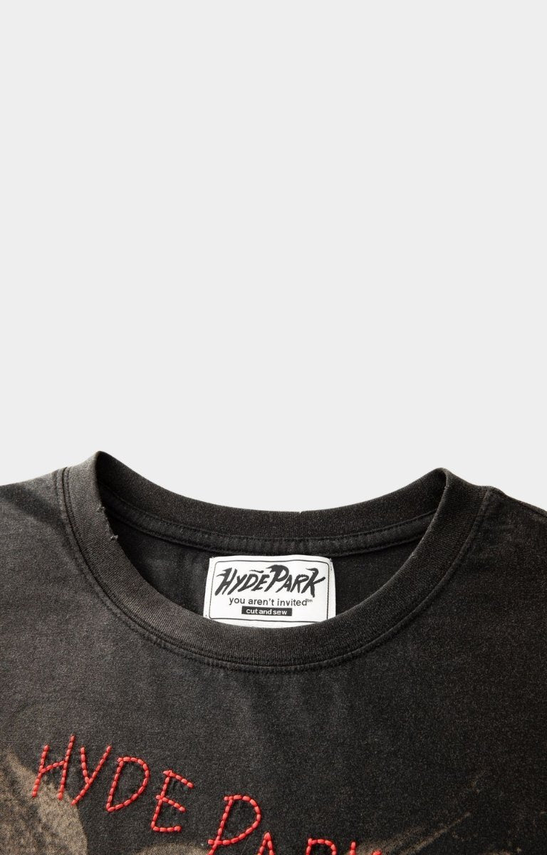 Crew neck detail on Hyde Park black oversized t-shirt.