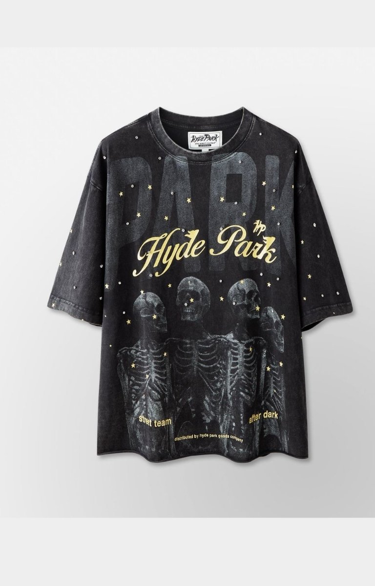 Hyde Park Dark Park Tee black front view with skeleton graphic.
