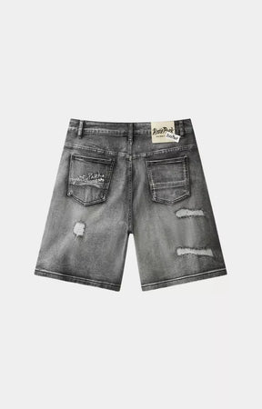 Hyde Park Double Denim distressed shorts black back view.