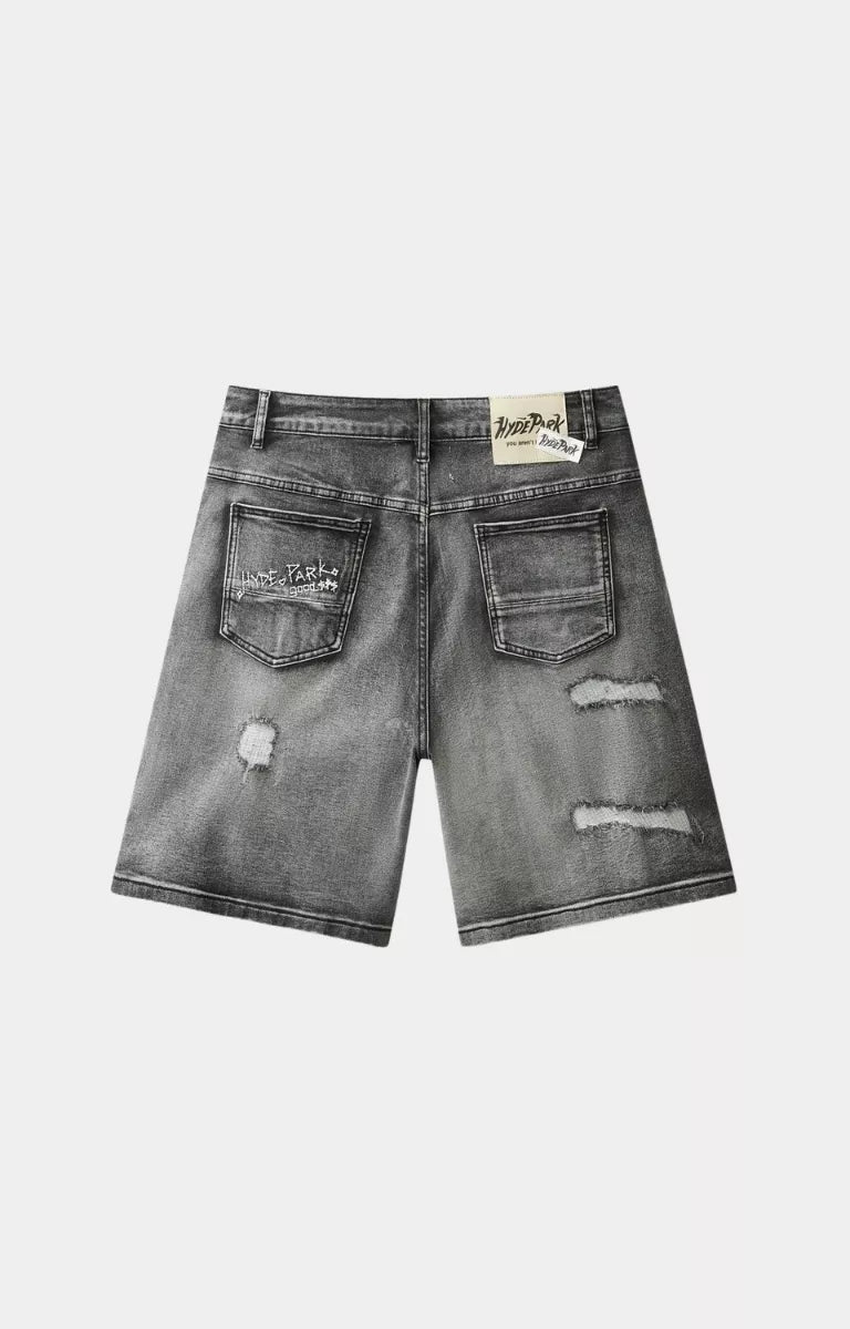 Hyde Park Double Denim distressed shorts black back view.