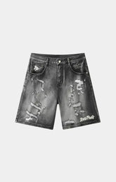Hyde Park Double Denim distressed shorts black front view.