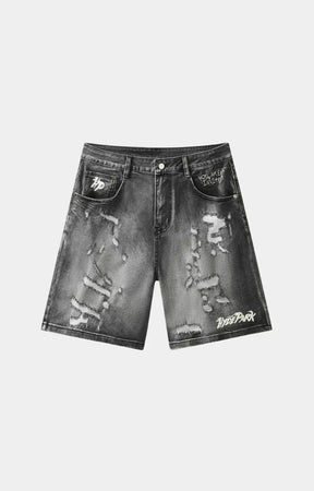 Hyde Park Double Denim distressed shorts black front view.