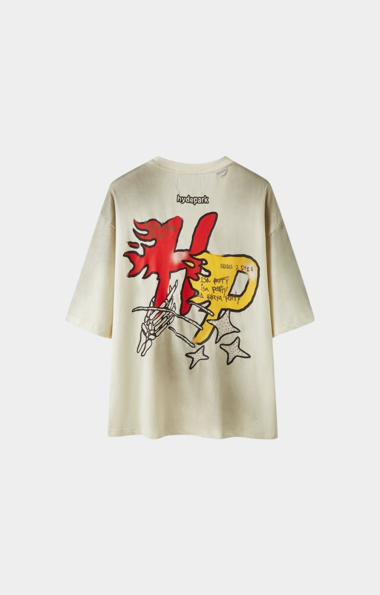 Oversized Hyde Park drop shoulder streetwear tee in cream