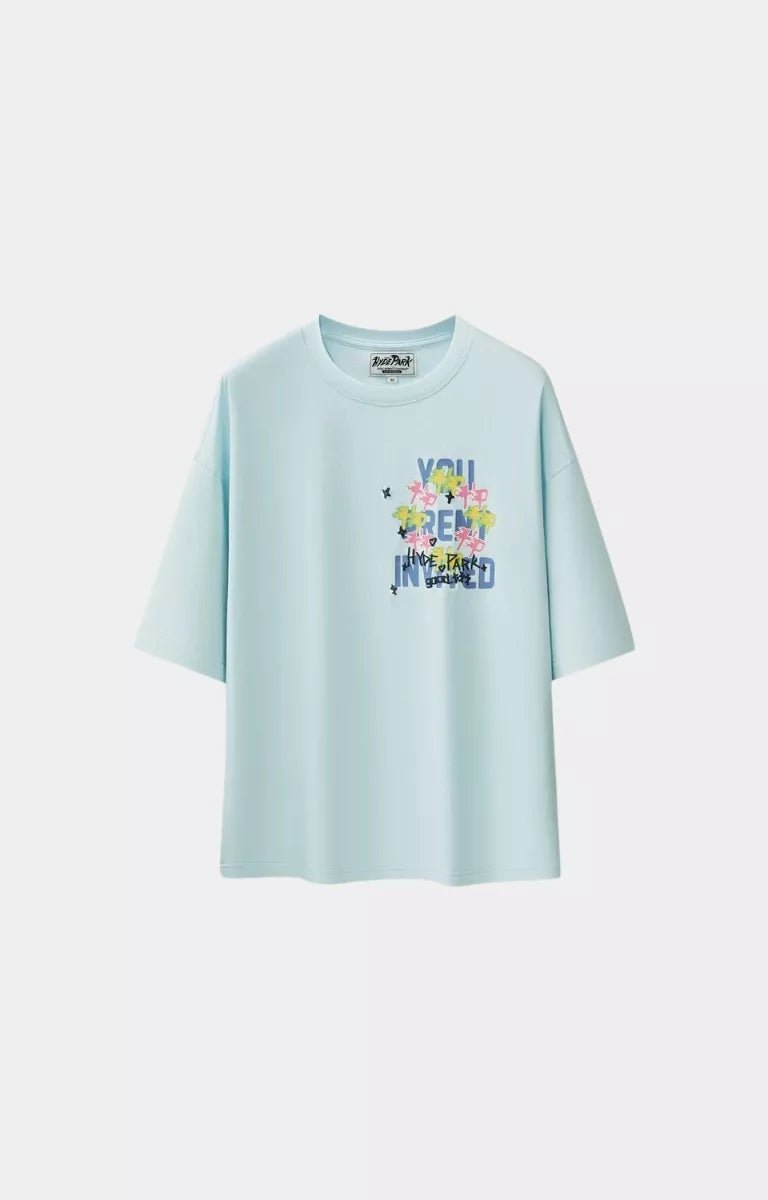 Blue Hyde Park oversized streetwear t shirt featuring layered graphic artwork.