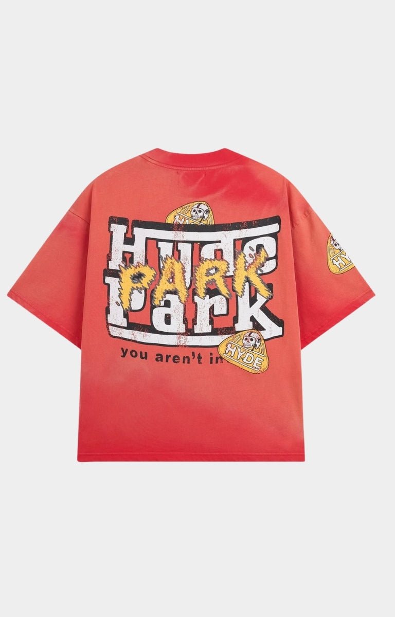 Back view of Hyde Park Ferrari oversized red t-shirt.