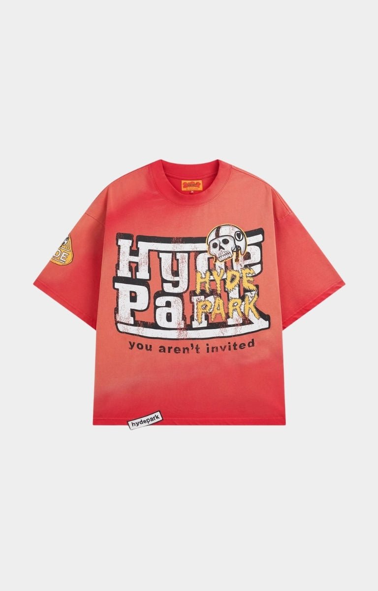 Front view of Hyde Park Ferrari Tee in red oversized fit.
