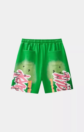 Hyde Park From The Archive green graphic cotton shorts back view with functional back pockets. 