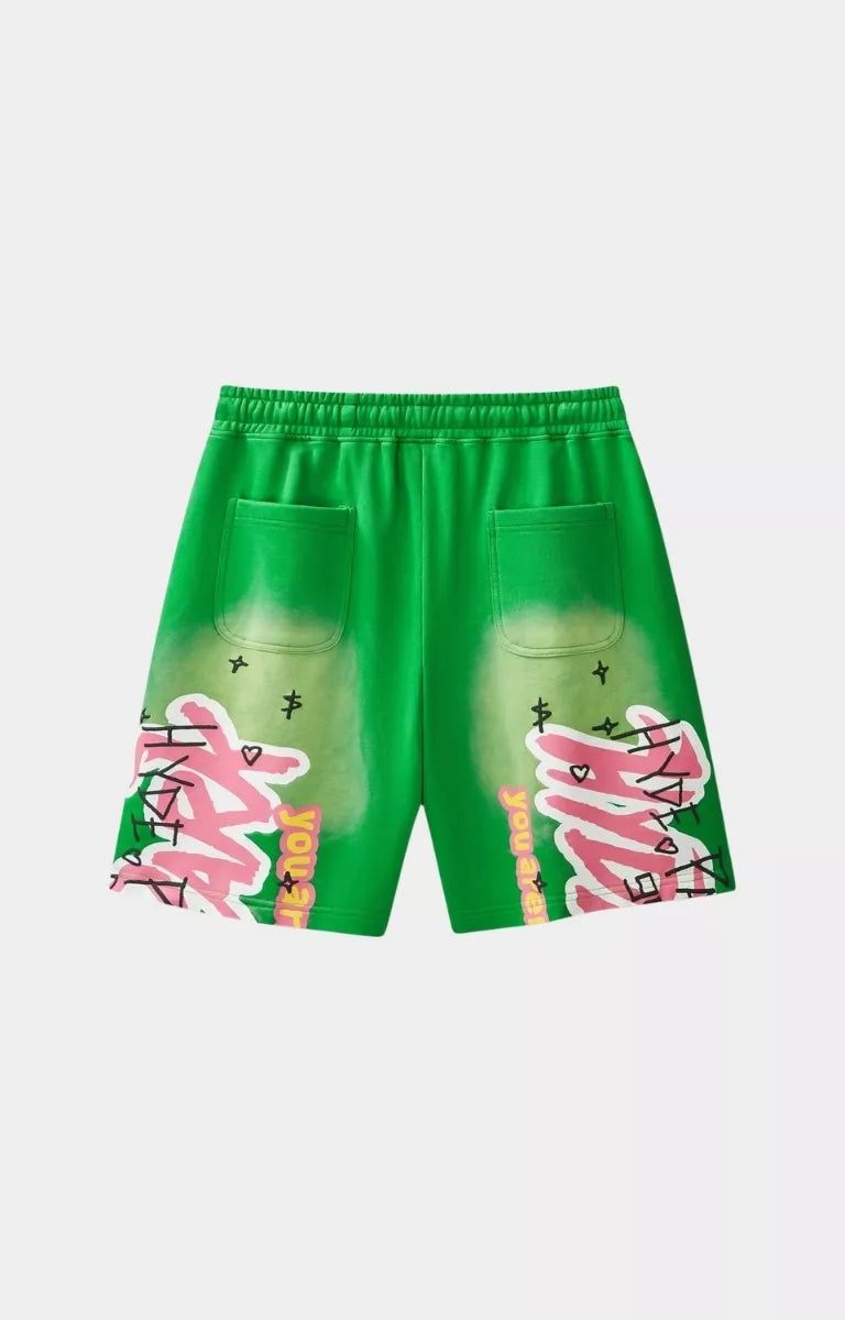 Hyde Park From The Archive green graphic cotton shorts back view with functional back pockets. 