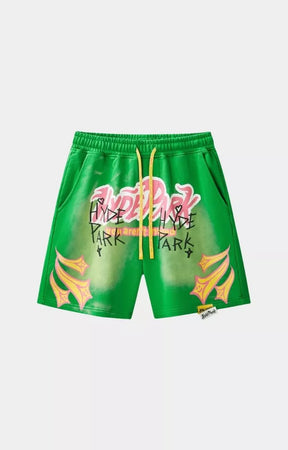 Hyde Park From The Archive green graphic cotton shorts front view.