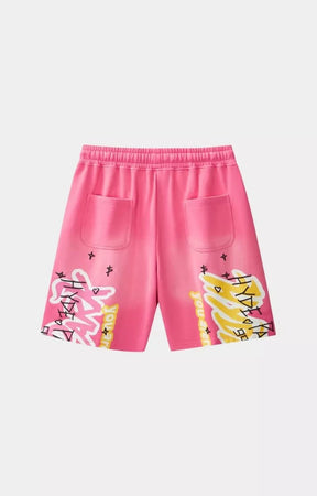 Hyde Park From The Archive pink graphic cotton shorts back view.