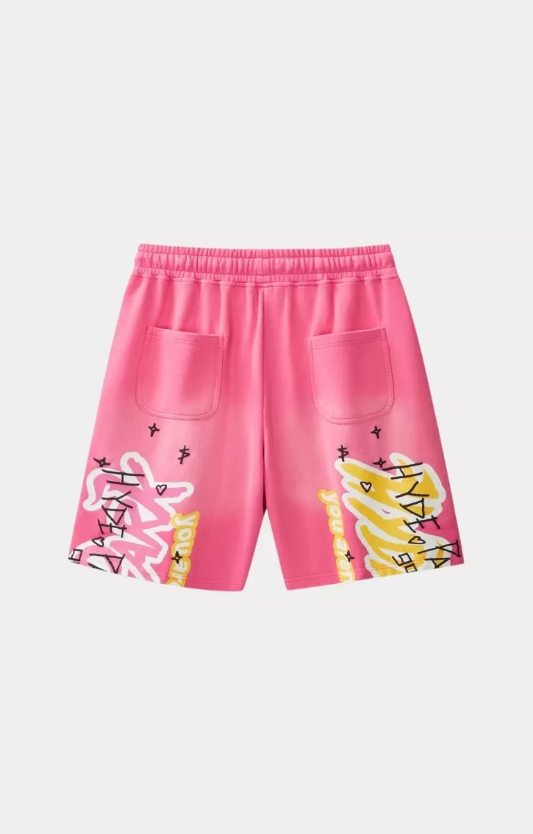 Hyde Park From The Archive pink graphic cotton shorts back view.