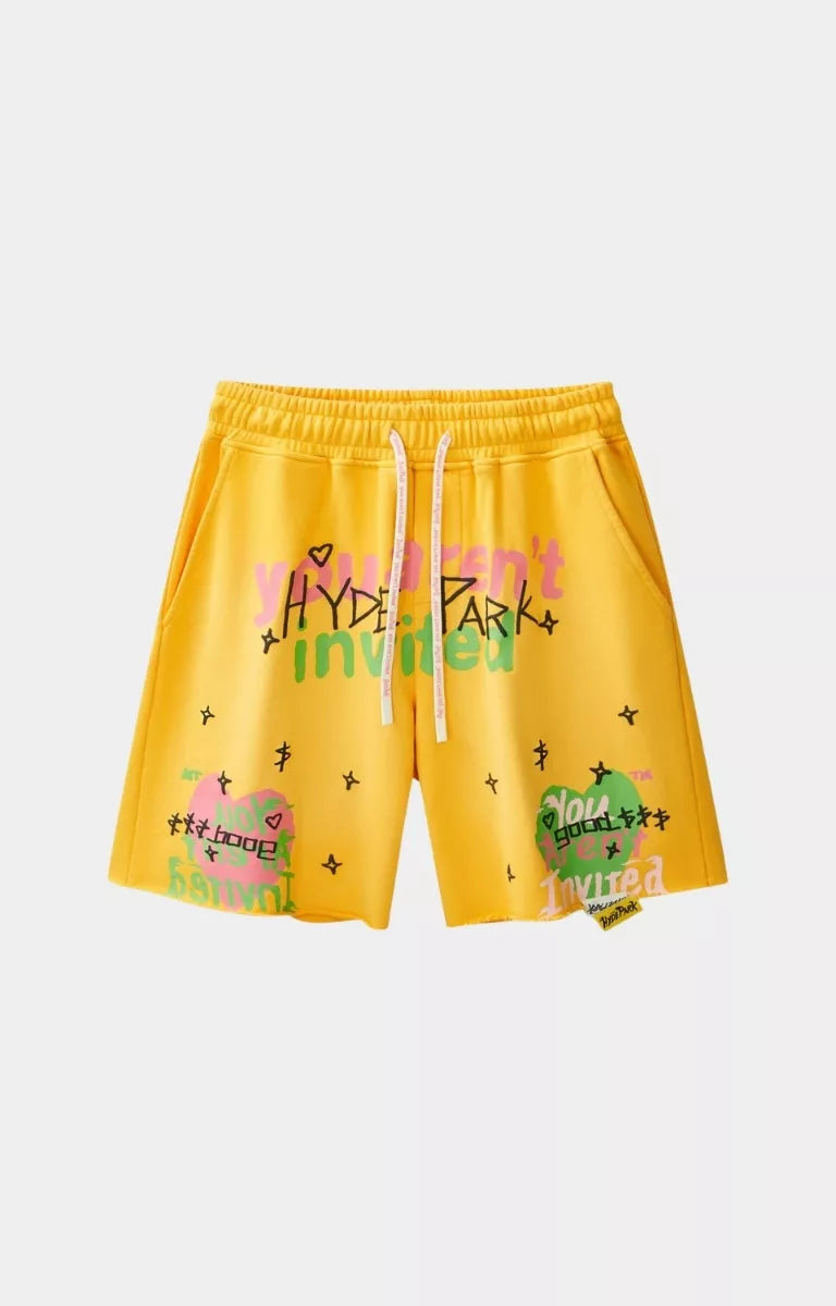 Hyde Park From The Archive yellow graphic cotton shorts front view.