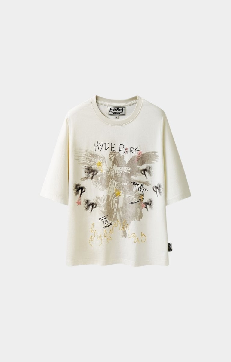 Hyde Park Get Off My Cloud T Shirt cream front view with distressed and ribbed crewneck and distressed hem. Embroidery logo and graphic print on front. 