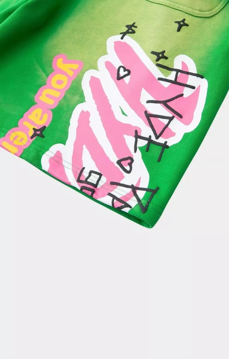 Hyde Park green graffiti graphic shorts with archive-inspired artwork.