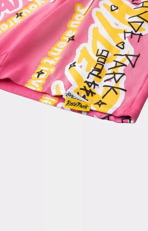Hyde Park pink graffiti graphic shorts with archive-inspired artwork.