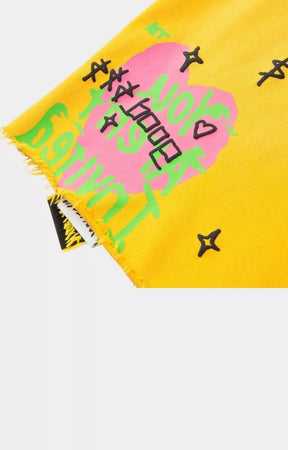 Hyde Park yellow graffiti graphic shorts with archive-inspired artwork.