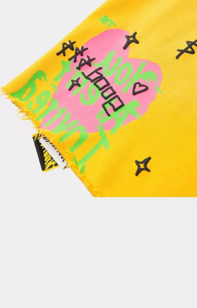 Hyde Park yellow graffiti graphic shorts with archive-inspired artwork.