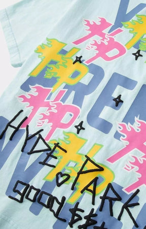 Hyde Park blue graphic t shirt with graffiti-inspired typography design.