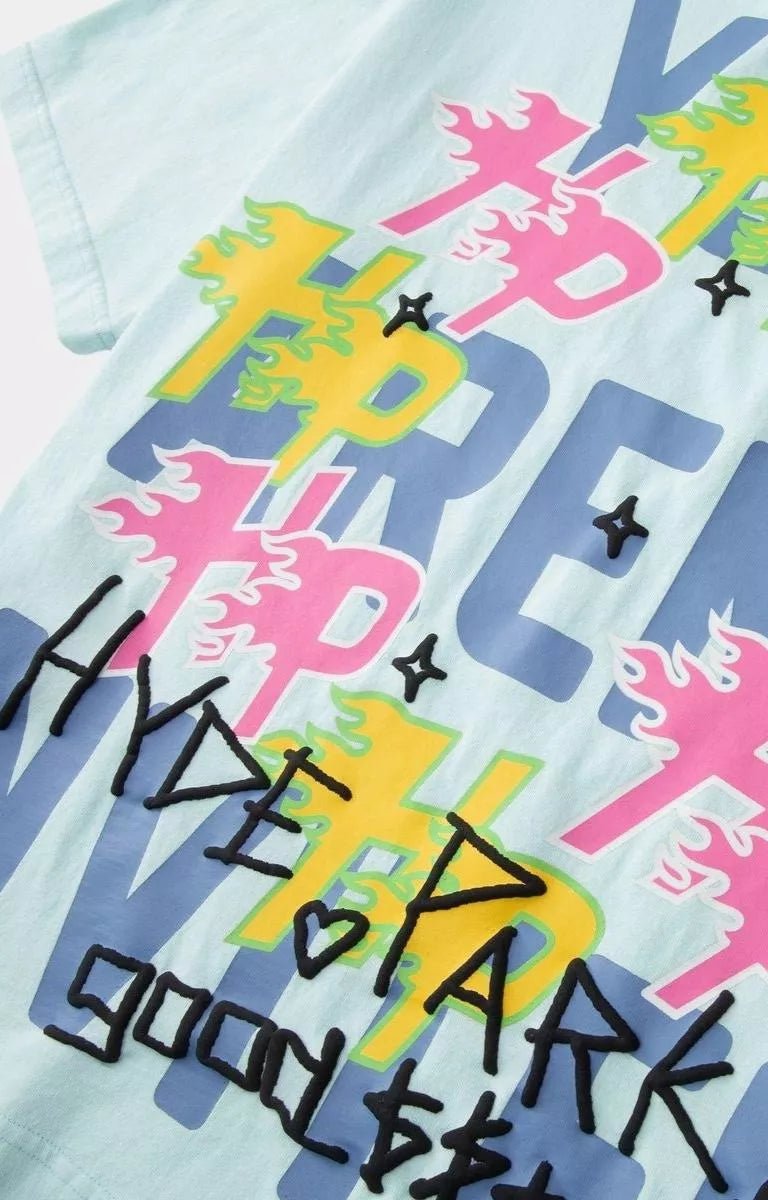 Hyde Park blue graphic t shirt with graffiti-inspired typography design.