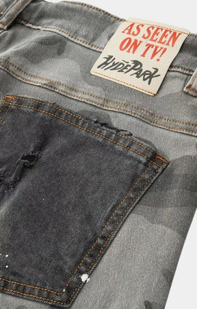 Hyde Park graphic camo patchwork jorts designed for modern streetwear styling
