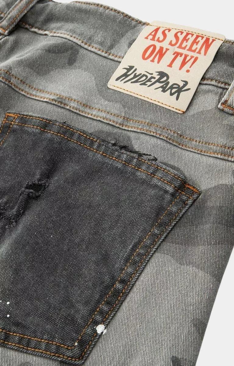 Hyde Park graphic camo patchwork jorts designed for modern streetwear styling