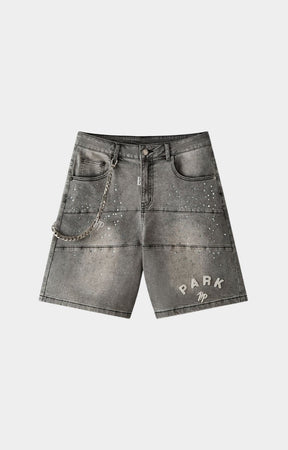 Hyde Park gray with crystal studded embellishments with hyde park woven logo shorts front view