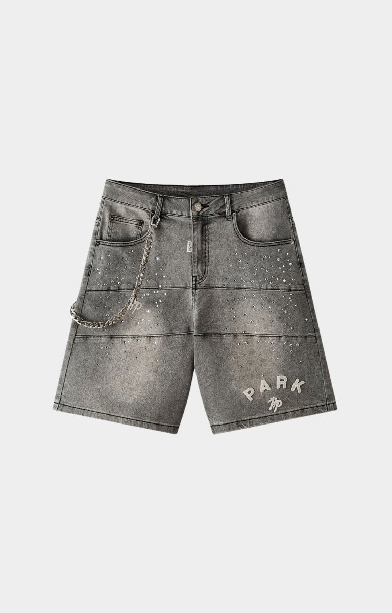 Hyde Park gray with crystal studded embellishments with hyde park woven logo shorts front view