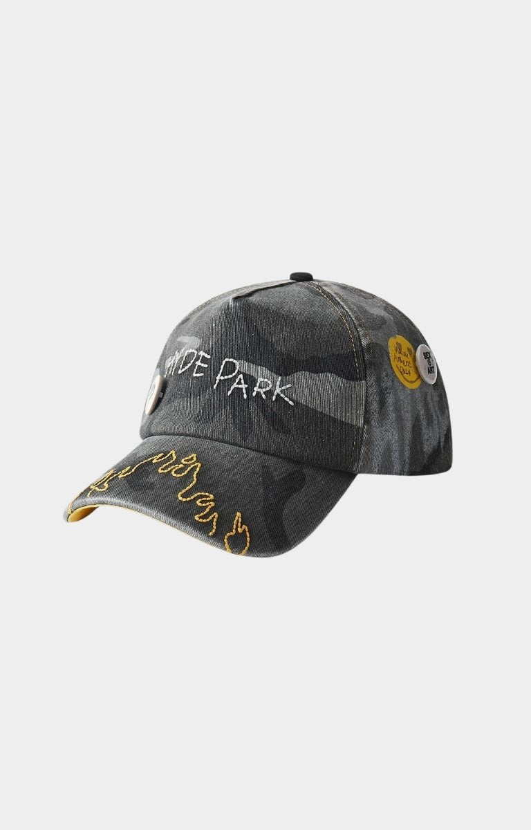 Close up detail of Hyde Park grey camo cap cotton spandex fabric.