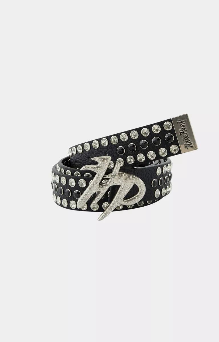 Hyde Park HP black studded belt with rhinestone designer buckle front view.