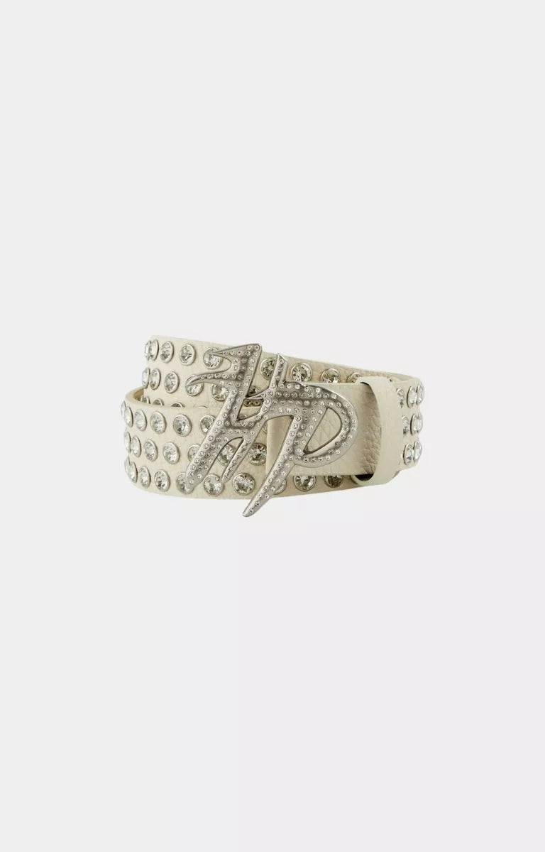 Crystal HP logo buckle on Hyde Park white leather belt.