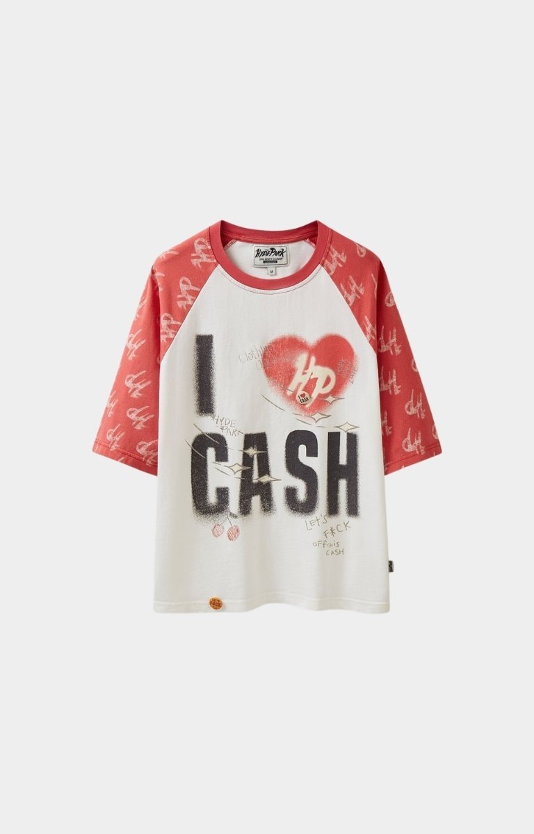 Hyde Park I Heart Cash Raglan oversized T Shirt red front view.