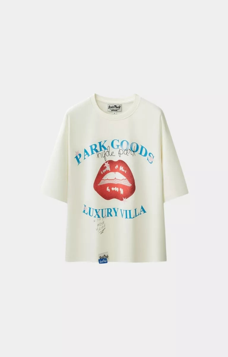 Hyde Park Luxury Resort oversized white t-shirt front view premium streetwear.